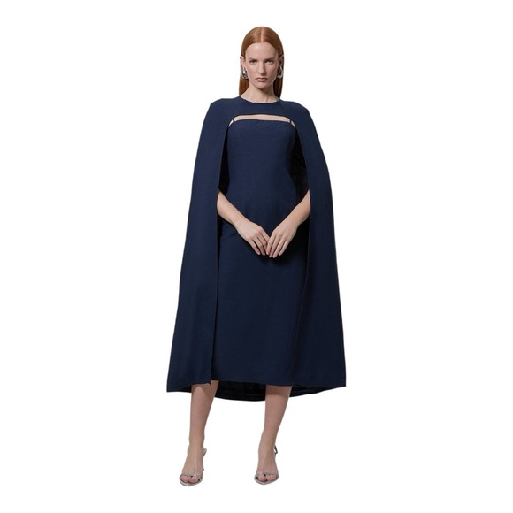 Karen Millen Premium Tailored Linen Drama Cape Midi Dress navy color size 12 - Picture 1 of 6